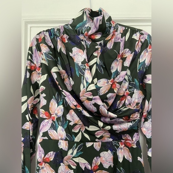 NWT Alexia Admor Satin Draped Mockneck Black Floral Formal Longsleeve Midi Dress - Picture 6 of 16